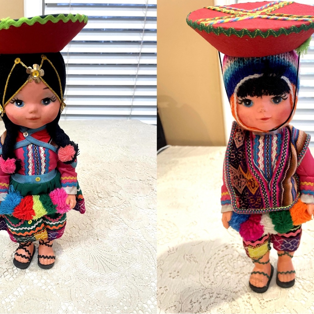 Vintage Handmade Peruvian Folk Doll Set – 12” Andean Textile Collectibles (Pair)